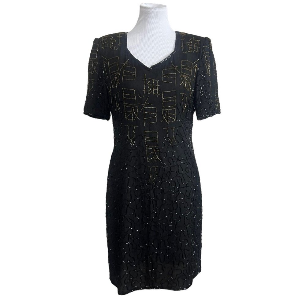 Mark & John by Sam Black Evening Dress Gold Beads Black Sequin Sz L Pure Silk‎